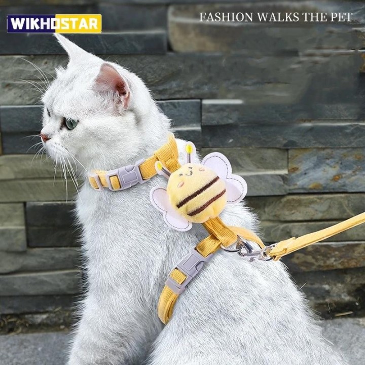 Katzengeschirr, Leine, Halsband-Set, verstellbar, Cartoon-Biene, doppellagiges Hundegeschirr für kleine und mittelgroße Haust