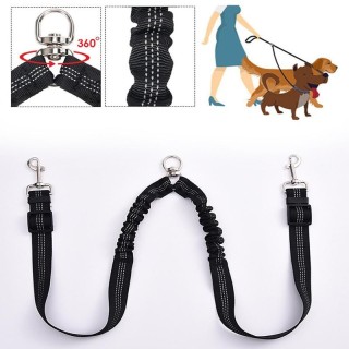 Elastisches Schleppseil mit Doppelkopf für Haustiere mit einem Zug und zwei gepufferten Hundeseilen, Hundegurt mit um 360 Gra