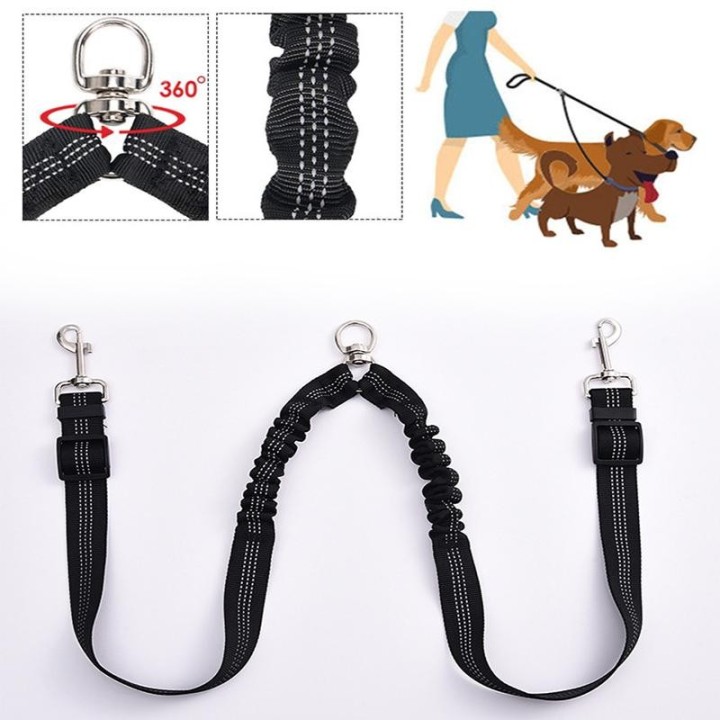 Elastisches Schleppseil mit Doppelkopf für Haustiere mit einem Zug und zwei gepufferten Hundeseilen, Hundegurt mit um 360 Gra