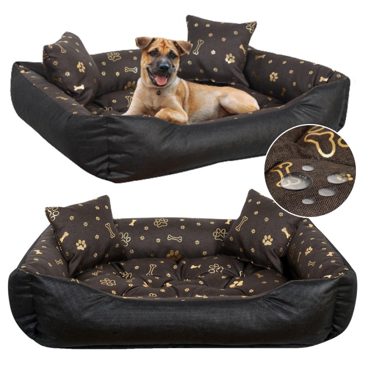 Wasserdichtes Hundebett GOLD BONES Muster, S M L XL S - 75/65  cm dunkelbraune