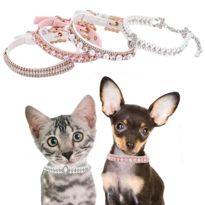 Luxus-Halsband und Leine für Hunde mit Perlen, Welpenhalskette, Lederperlenleine mit Kristall-Strass, Zubehör für kleine Hund