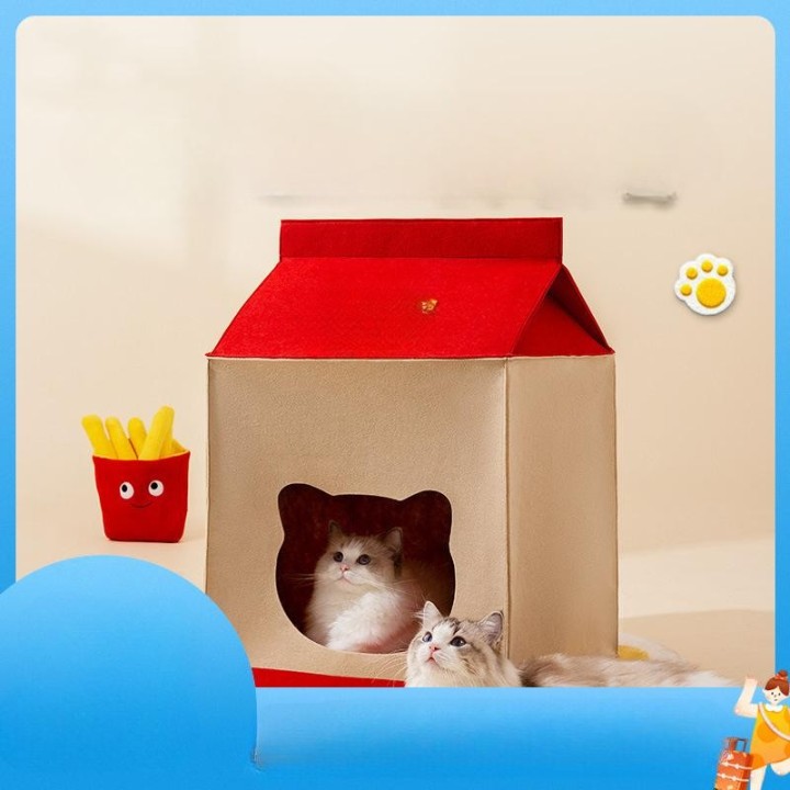 Herbst und Winter Katzen-Cartoon-Filz-Milchkarton-Pommes-Frites-Katzennest Kleine Hundehütte Universelles Haustiernest-Zubehö