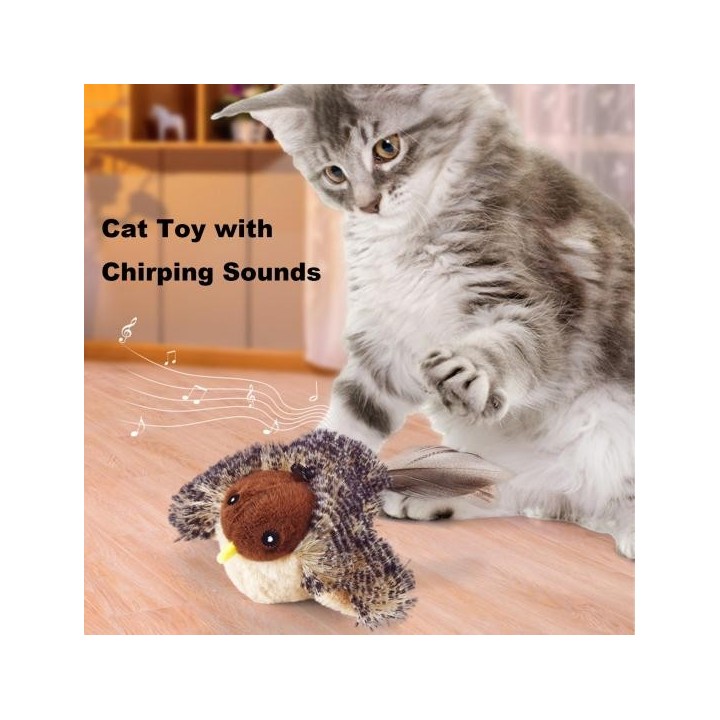 Katzenspielzeug mit flatterndem Vogel, interaktives simuliertes zwitscherndes Vogelspielzeug, über USB wiederaufladbar, Plüsc