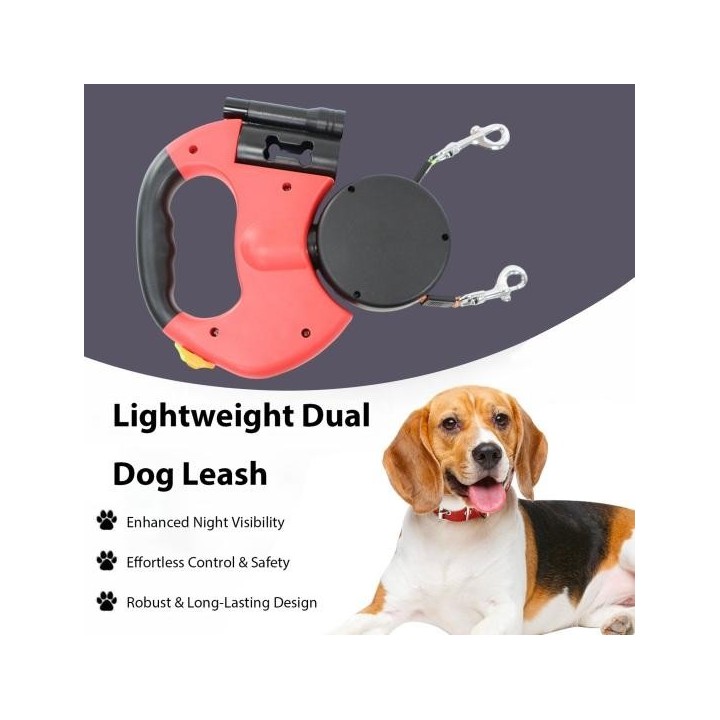 Doppelte einziehbare Hundeleine, doppelköpfige, ausziehbare Laufleine, verwicklungsfreies Haustier-Zugseil für zwei Hunde bis