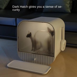 Katzentoilette, Luxus-Design, geschlossen, spritzwassergeschützt, Kätzchentoilette, großer Raum, dunkle Tür, Katzentoilette,