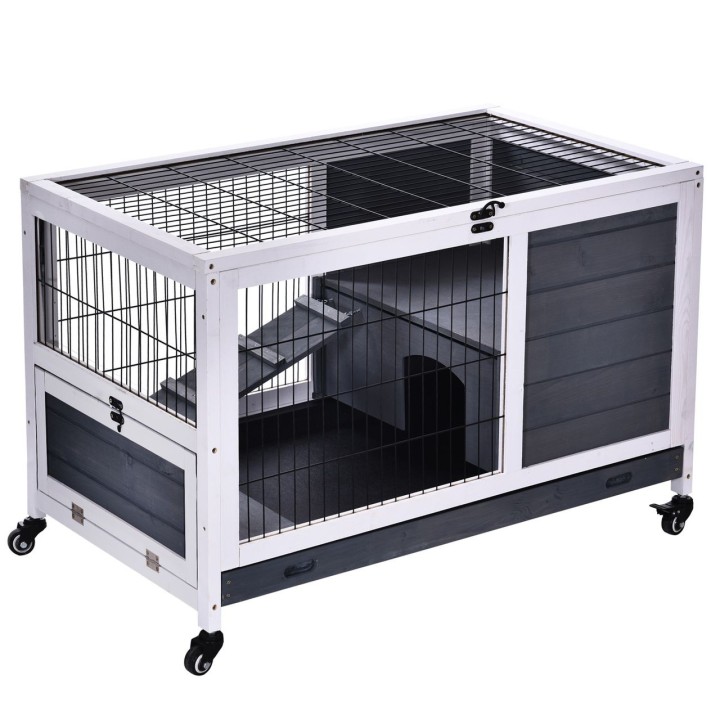 Kleintierstall mit Rädern Doppelstöckiger Zwergkaninchenstall Tannenholz Dunkelgrau+Weiß 90 x 53 x 59 cm