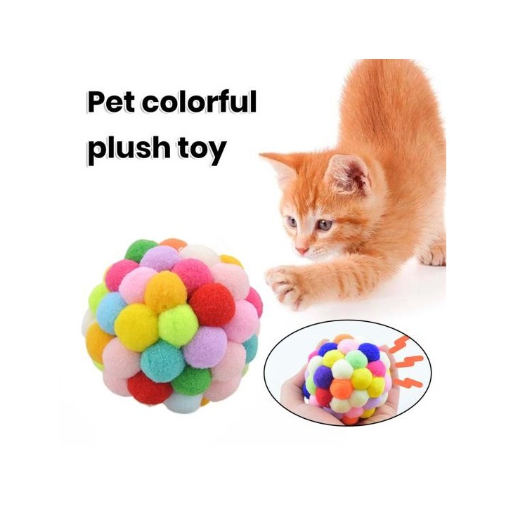 Katzenspielzeug, bunter Plüschball mit eingebauter Glocke, lustiges Spiel, farbenfroh, kratzfest, bissfest, Haustier A