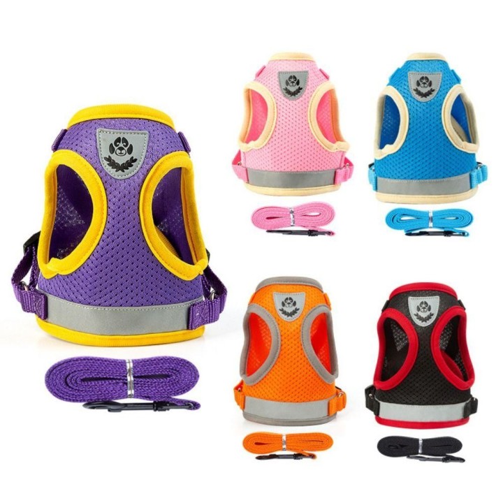 Kleines, mittelgroßes, atmungsaktives Haustier-Katzen-Welpengeschirr, reflektierende Netzweste, Haustier-Hundeleine S violett