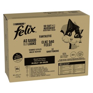 Megapack Felix "So gut wie es aussieht" Pouches 80 x 85 g - Fleisch Mixpaket 2 (Rind, Huhn, Thunfisch, Kabeljau)