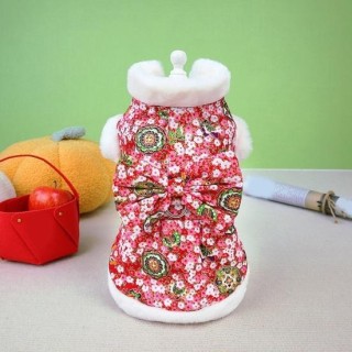 Haustier-Baumwollmantel, Herbst-Winter, chinesisches Neujahr, Blumendruck, große Schleife, weißer Plüschkragen, Ärmel, warm,