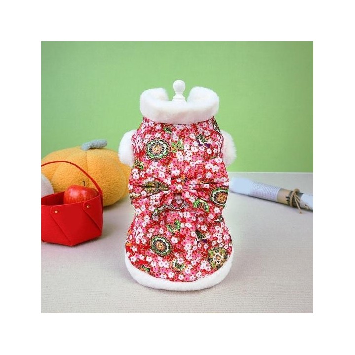 Haustier-Baumwollmantel, Herbst-Winter, chinesisches Neujahr, Blumendruck, große Schleife, weißer Plüschkragen, Ärmel, warm,