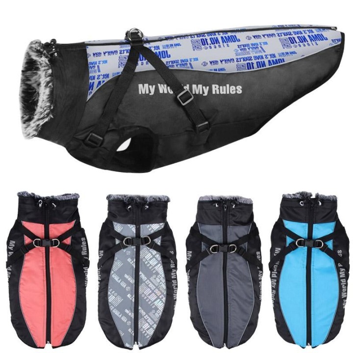 Wasserdichte Hundegeschirrjacke für den Winter, warme Haustierkleidung mit Pelzkragen, reflektierender Hundemantel, Bekleidun