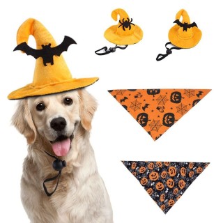 Polyester-Hexe-Hundehut, gelbe Haustier-Kopfbedeckung, Halloween-Hunde-Bandana-Hut-Set, Haustier-Verkleidungszubehör C