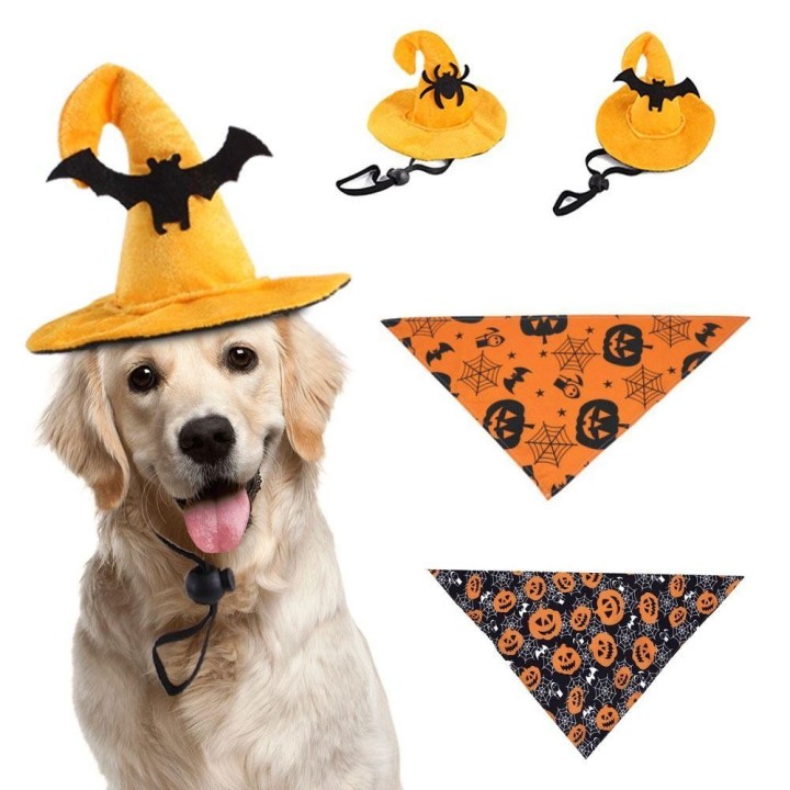 Polyester-Hexe-Hundehut, gelbe Haustier-Kopfbedeckung, Halloween-Hunde-Bandana-Hut-Set, Haustier-Verkleidungszubehör C