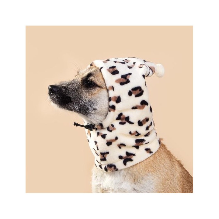 Modische Leopardenmuster verstellbare Winter-Hundemütze, weich, bequem, Hals-/Gehörschutz, Haustier M
