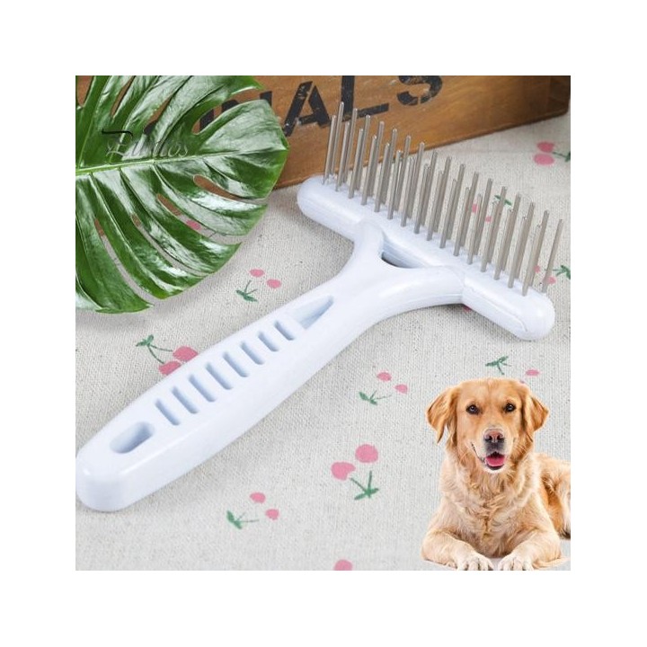 Haustierkamm, Edelstahl, zweireihiges Design, Fellpflege-Rechenbürste für kurze und lange Haare für Hunde weiß