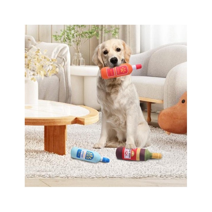 Hundespielzeug, Plüsch, Wein-Whisky-Flasche, quietschendes Knisterspielzeug, Beißring für mittelgroße, kleine und große Hunde