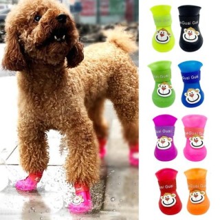 4 Stücke Haustier Regen Stiefel Affe Druck Wasserdichte Leichte Cartoon Muster Verschluss Band Hund Schuhe S blau