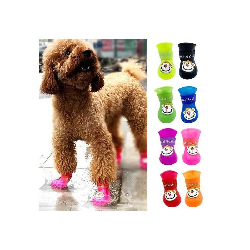 4 Stücke Haustier Regen Stiefel Affe Druck Wasserdichte Leichte Cartoon Muster Verschluss Band Hund Schuhe S blau