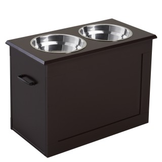 PawHut Hunde Fressnapf mit Staumraum 2 Näpfen Futterstation Edelstahlnapf Katzenapf MDF Edelstahl Espresso 60 x 30 x 41 cm