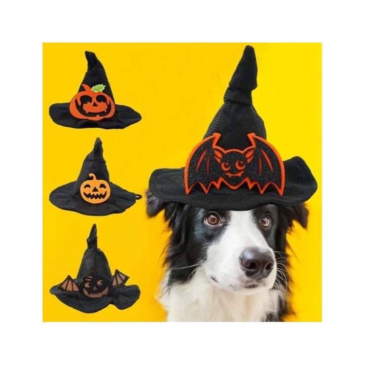 Hexenhut, verstellbar, leicht, atmungsaktiv, Fledermaus-Kürbis-Design, Haustier-Kopfschmuck, Cosplay-Requisite