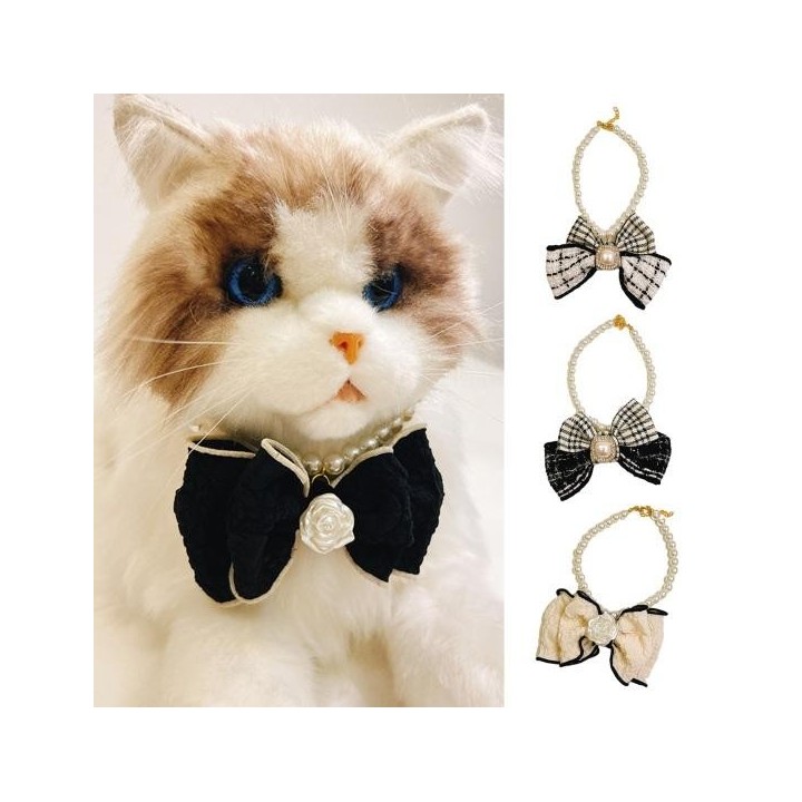 Verstellbare Hundehalskette mit Schleife und Druckknopf-Design, stilvolles Katzenhalsband mit Kunstperlen, Haustier S schwarz