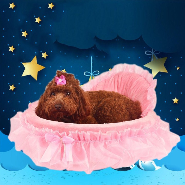 Haustier Hund Welpe Prinzessin Schleifen Spitze Herz Elegantes schönes Bett Hundehütte Haustier warmes Bett One Size rosa