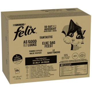 Jumbopack Felix "So gut wie es aussieht" Gelee 120 x 85 g - Fisch Mixpaket 2 (Thunfisch, Lachs, Kabeljau, Scholle)