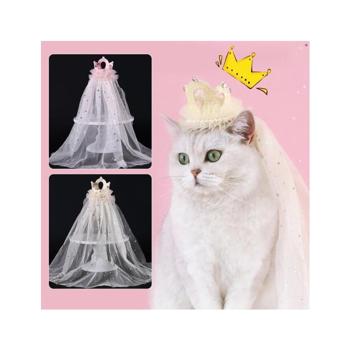 Mesh Pailletten Gefälschte Perle Haustier Hund Katze Krone Kopfschmuck Schleier Fotografie Prop beige