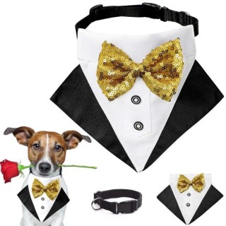Hunde-Smoking-Kostüm, Hochzeit, Hunde-Bandana, Nylon-Halsband, Anzug mit goldener Fliege, verstellbar, schwarzer Smoking, for