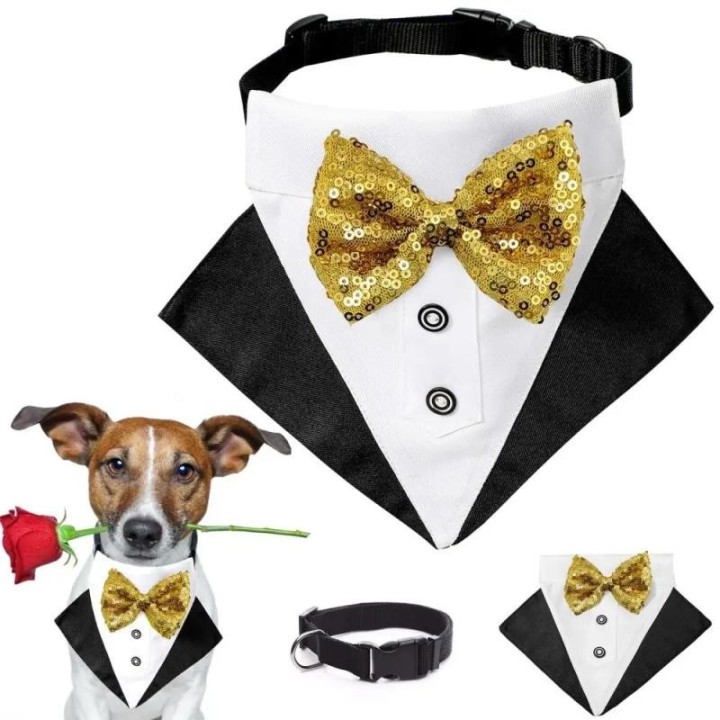 Hunde-Smoking-Kostüm, Hochzeit, Hunde-Bandana, Nylon-Halsband, Anzug mit goldener Fliege, verstellbar, schwarzer Smoking, for