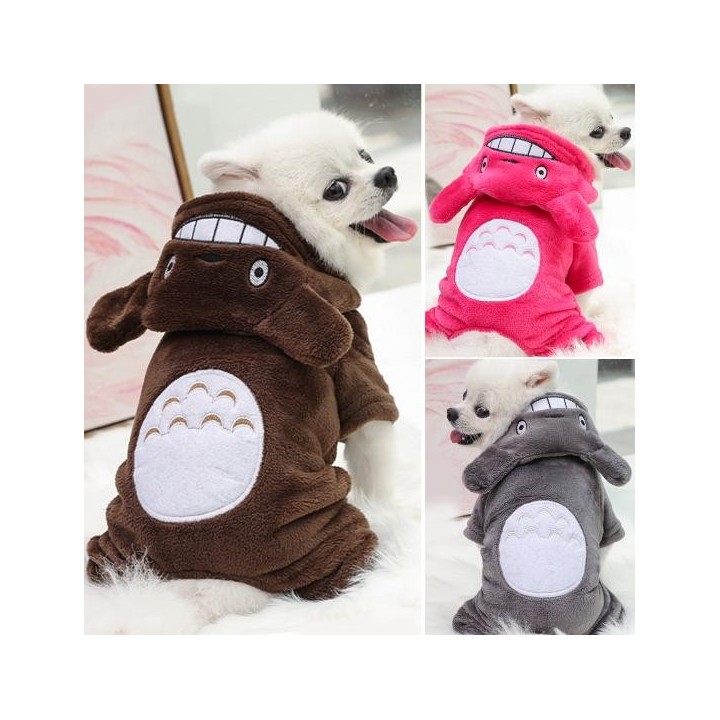 Mit Kapuze Ohren Dekor Vier-Beine Plüsch Warm Knöpfe Verschluss Haustier Mantel Cartoon Form Haustier Hund S grau