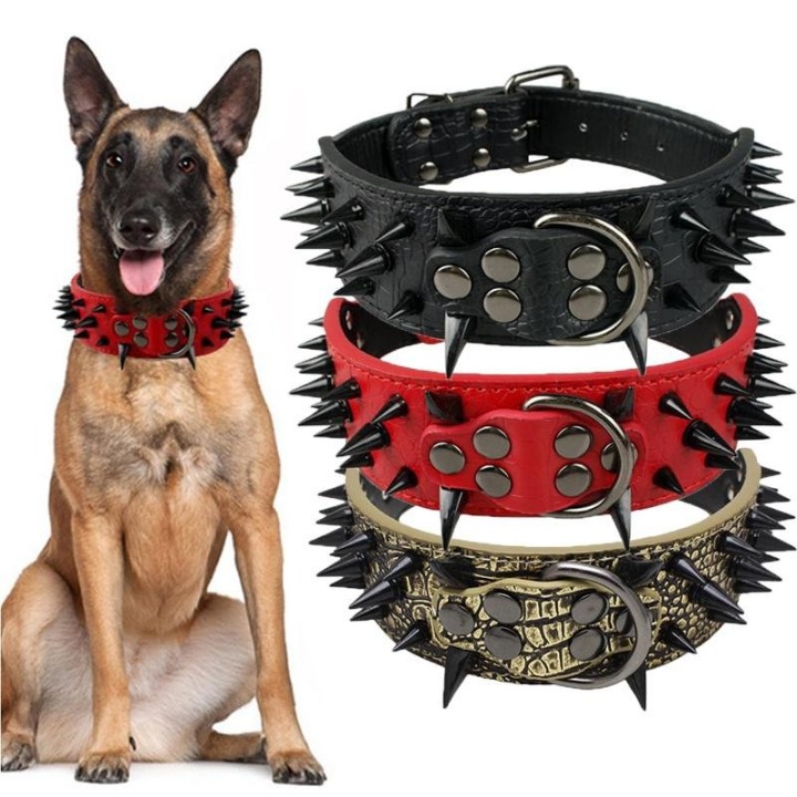 Haustier-Lederhalsband mit Spikes und Nietendekor für mittelgroße und große Hunde XS: 51cm   5cm schwarz