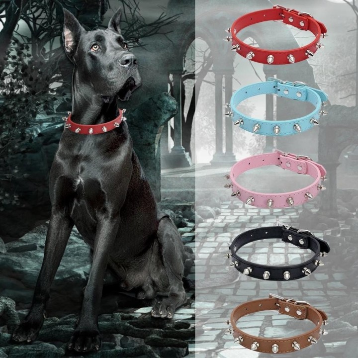 Punk-Hundehalsband mit Spikes, Leder, verstellbar, Spikes, Nieten, Nieten, langlebiges Haustierzubehör für kleine/mittlere/gr