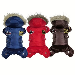 Verdickter Winter-Hundeoverall für kleine Rassen mit Kapuze und Kunstfellkragen, wasserdichte und warme Haustierkleidung S bl