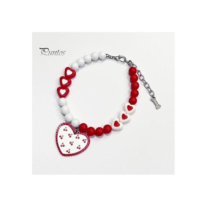 Haustier-Halskette mit rotem Herz-Charm-Anhänger, Halsband mit Perlen für Hunde und Katzen, langlebig, lichtecht, größenverst