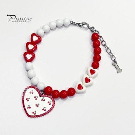 Haustier-Halskette mit rotem Herz-Charm-Anhänger, Halsband mit Perlen für Hunde und Katzen, langlebig, lichtecht, größenverst
