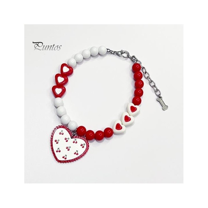 Haustier-Halskette mit rotem Herz-Charm-Anhänger, Halsband mit Perlen für Hunde und Katzen, langlebig, lichtecht, größenverst