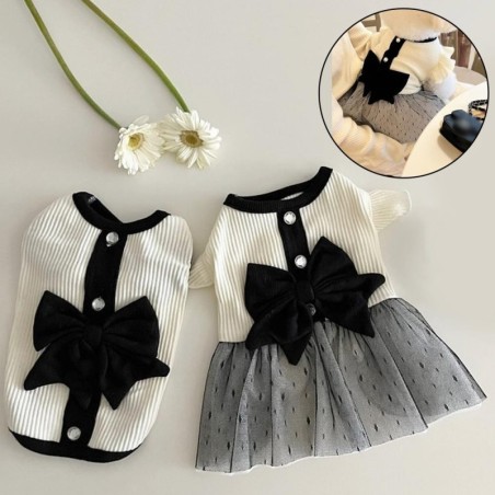 Luxuriöses Hundekleid für kleine Hunde, Sommerkleidung für Welpen, Schleife, Spitze, Hunderock, schwarz-weißes Hunde-T-Shirt,