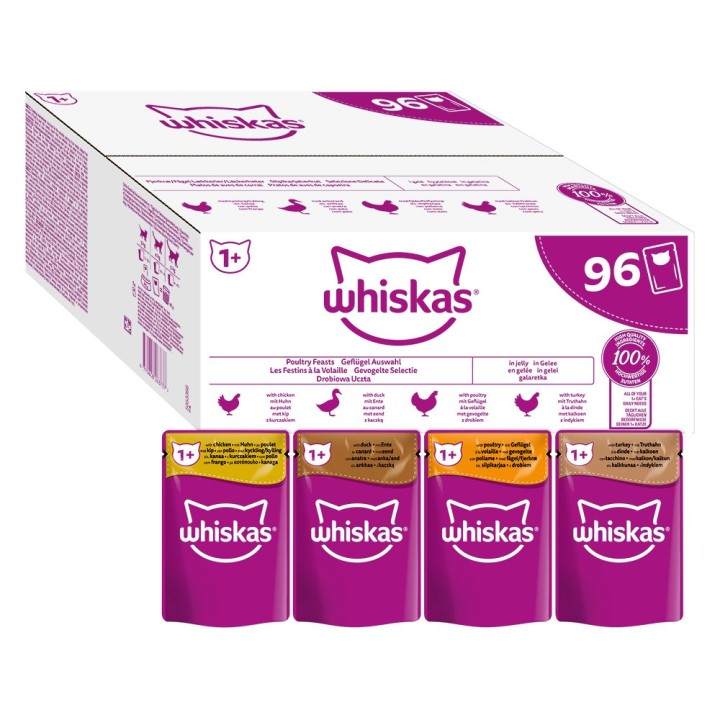 Jumbopack Whiskas 1+ Adult Frischebeutel 96 x 85 g - Geflügelauswahl in Gelee