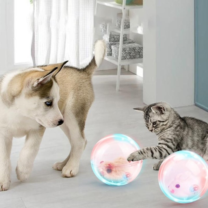 Interaktiver Katzenspielzeugball mit Lichtern, automatisch rollende Bälle mit süßem Plüschtier im Inneren, batteriebetrieben,