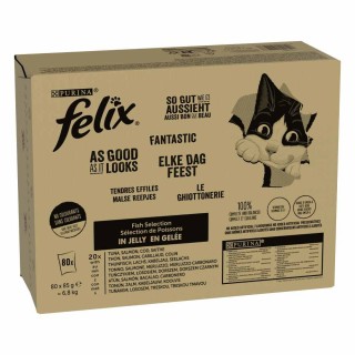 Megapack Felix "So gut wie es aussieht" Pouches 80 x 85 g - Fisch Mixpaket 1 (Thunfisch, Lachs, Kabeljau, Seelachs)