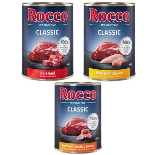 Top-Angebot Rocco Classic 24 x 400 g - Topseller-Mix: Rind pur, Rind/Geflügelherzen, Rind/Huhn