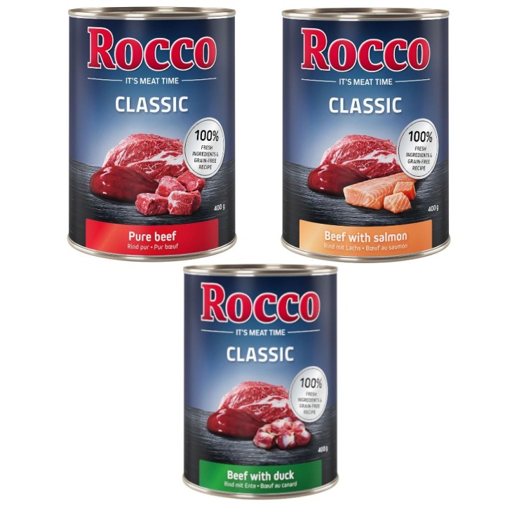 Top-Angebot Rocco Classic 24 x 400 g - Exklusiv-Mix: Rind pur, Rind/Lachs, Rind/Ente