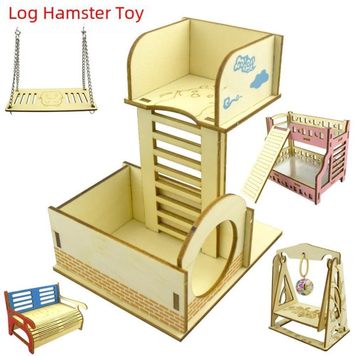 Hamsterkäfig-Spielzeugset aus Massivholz: Schaukel, Röhre, Wippe, Klettertreppe, Brücke, Hochbett und Sofa für Kleintiere Fro