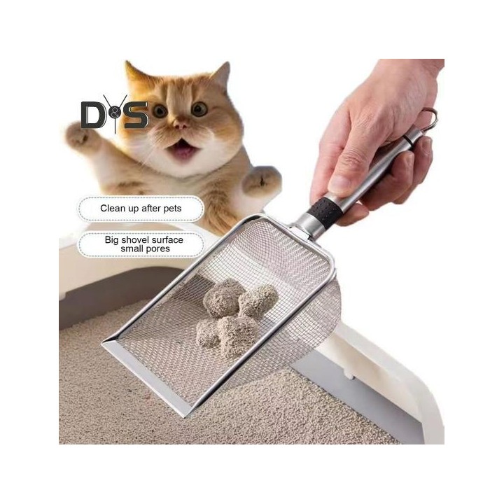 Katzenstreuschaufel, feinmaschig, aus Edelstahl, große Schaufel, bequemer Griff, Netzsieb zur Reinigung von Tierkot für Katze