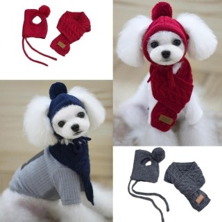 Haustier Hund Winter Warm Streifen Strickmütze + Schal Kragen Welpe Teddy Kostüm Weihnachtskleidung 1 Stk S navy blau