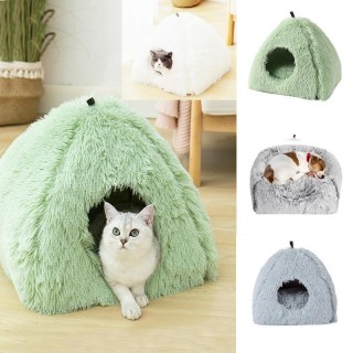 Iglu-Haustierbett, Katze, Kätzchen, Hund, Fleece, niedliche Pyramide, gemütlich, waschbar, warme Haushöhle grün