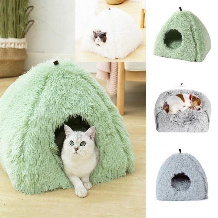 Iglu-Haustierbett, Katze, Kätzchen, Hund, Fleece, niedliche Pyramide, gemütlich, waschbar, warme Haushöhle grün
