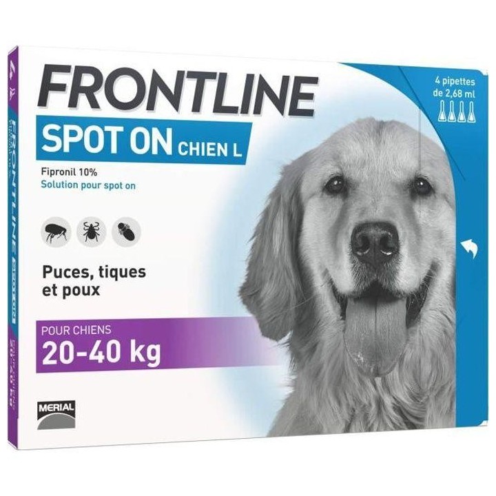 FRONTLINE Spot On Dog L – 20 bis 40 kg – 4 Pipetten – Flöhe, Zecken und Läuse